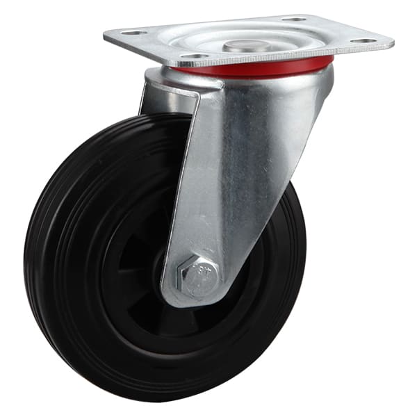 Roues industrielles pivotantes en caoutchouc solide noir avec centre en polypropylène