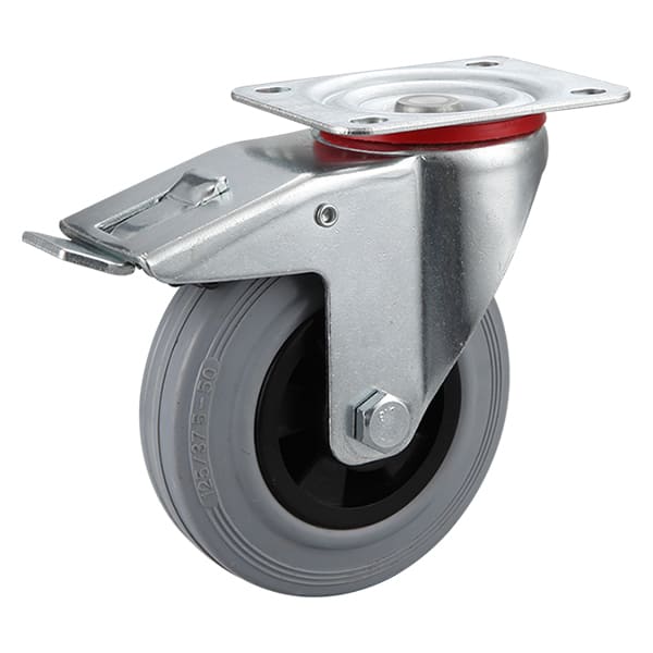 Roues industrielles en caoutchouc plein gris à frein total avec centre en polypropylène