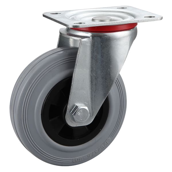 Roues industrielles pivotantes en caoutchouc solide gris avec centre en polypropylène