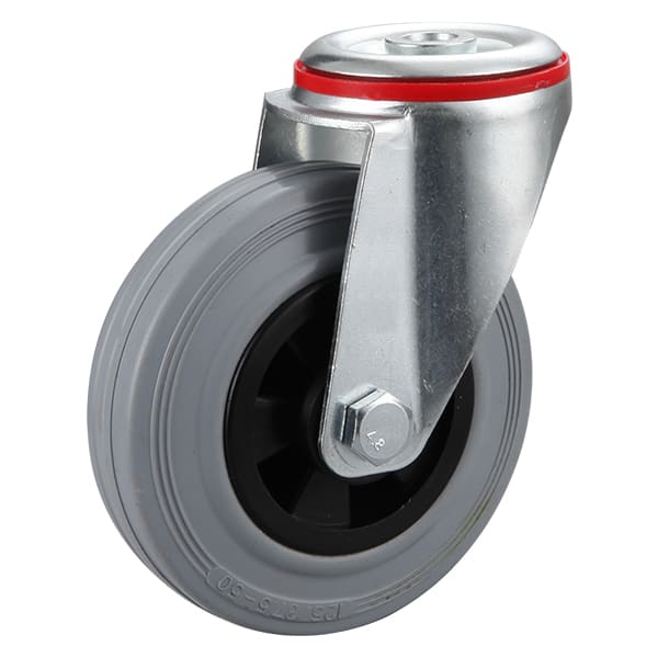 Roues industrielles en caoutchouc plein gris avec centre en polypropylène et trou de boulon