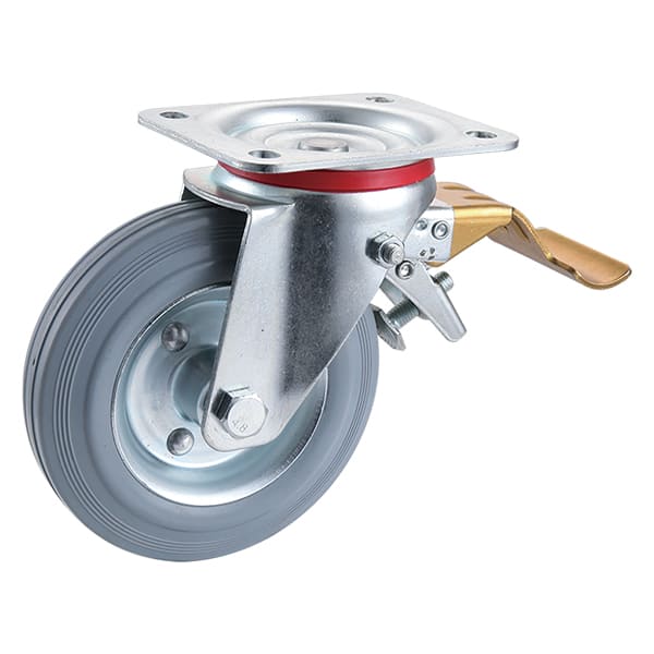 Roues industrielles en caoutchouc plein gris à frein de queue avec centre en métal
